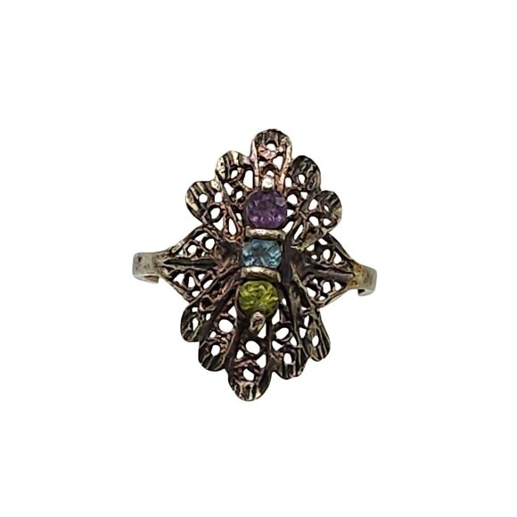 Vintage Filigree Ring With Purple Blue Green Gemstones Size 7 Sterling Silver - Picture 1 of 8